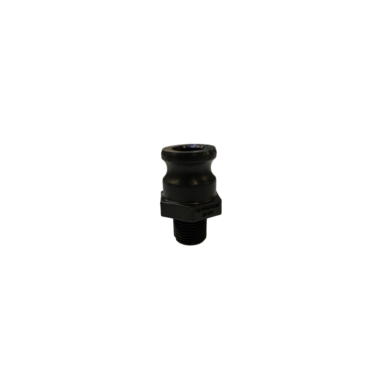 Black polypropylene 1/2 inch MPT camlock adapter with a male threaded end and grooved coupling head.
