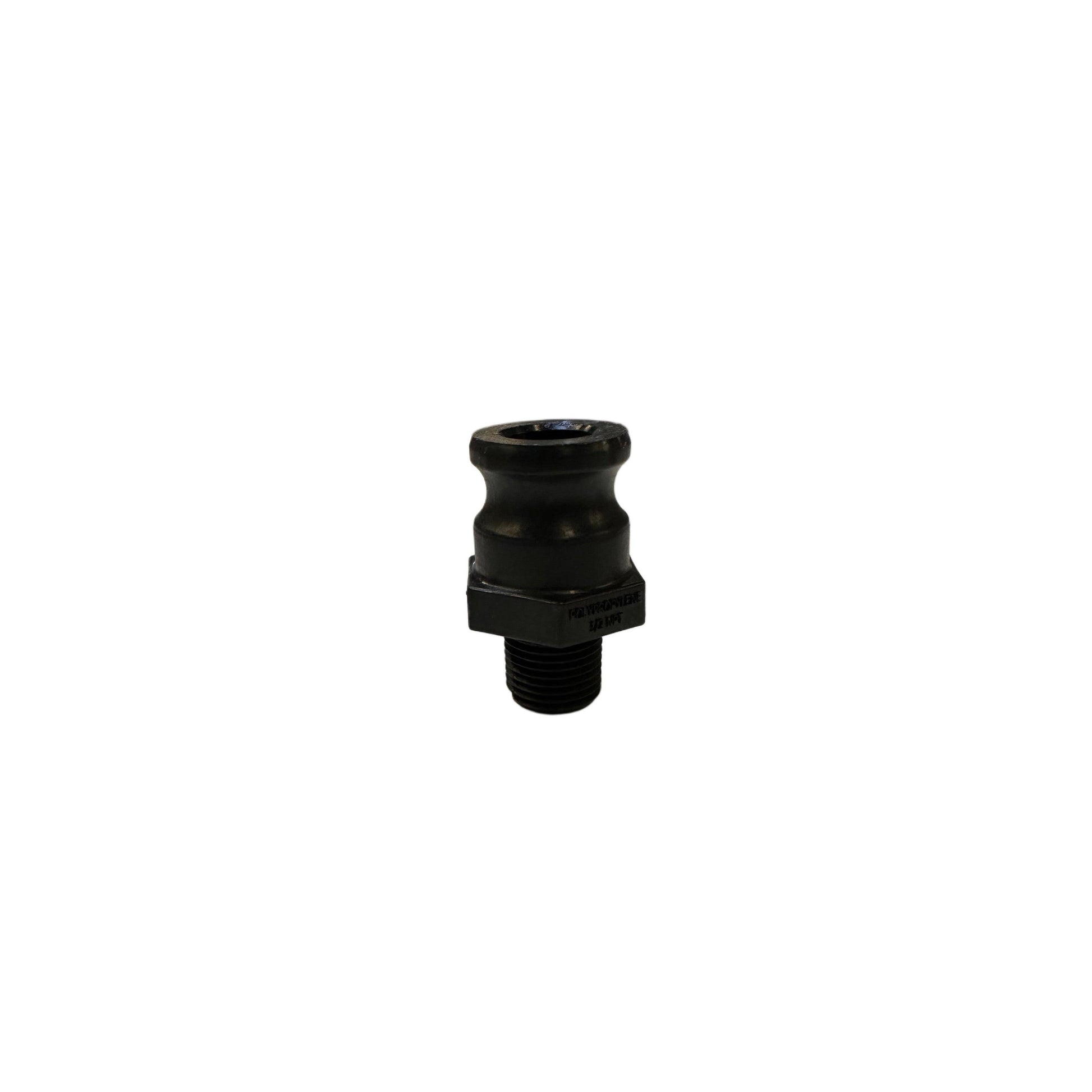 Black polypropylene 1/2 inch MPT camlock adapter with a male threaded end and grooved coupling head.