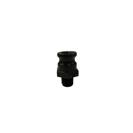 Black polypropylene 1/2 inch MPT camlock adapter with a male threaded end and grooved coupling head.