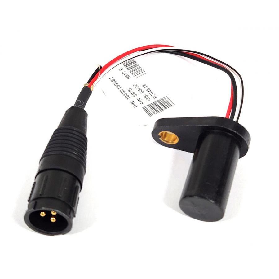 Black cylindrical sensor with a mounting flange, connected by a three-wire cable to a black circular three-pin connector.