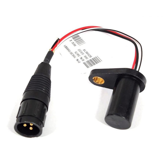 Black cylindrical sensor with a mounting flange, connected by a three-wire cable to a black circular three-pin connector.