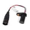 Black cylindrical sensor with a mounting flange, connected by a three-wire cable to a black circular three-pin connector.