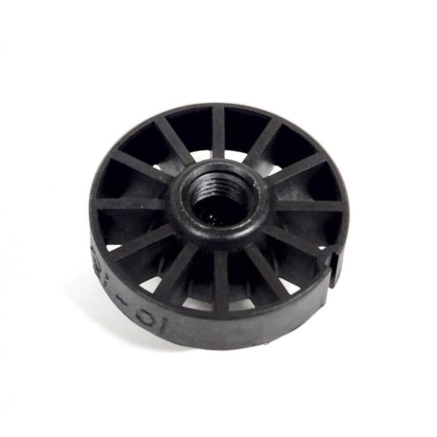 Black plastic circular fan impeller with a threaded center hole and radial blade design.