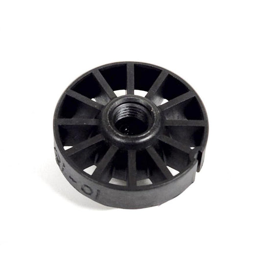 Black plastic circular fan impeller with a threaded center hole and radial blade design.