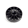 Black plastic circular fan impeller with a threaded center hole and radial blade design.