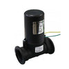 Black plastic industrial solenoid valve with a cylindrical housing, metal identification plate, and two electrical wires.