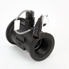 Raven 60P black plastic flow meter with threaded ports and a three-pin electrical connector cable.