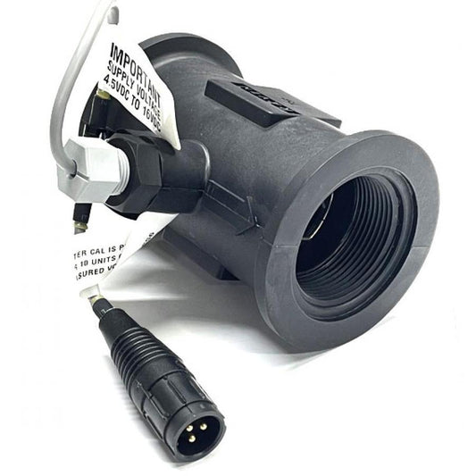 Black plastic flow sensor with threaded port, attached wiring harness, and three-pin connector on a white background.