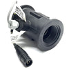 Black plastic flow sensor with threaded port, attached wiring harness, and three-pin connector on a white background.