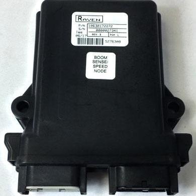 Black Raven Boom Sense/Speed Node electronic control module with a white identification label and dual connection ports.
