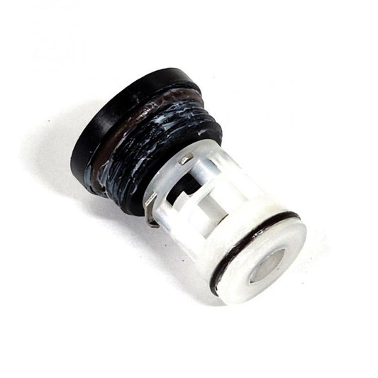Replacement faucet cartridge with a black threaded cap, white plastic body, and black rubber O-ring seal.