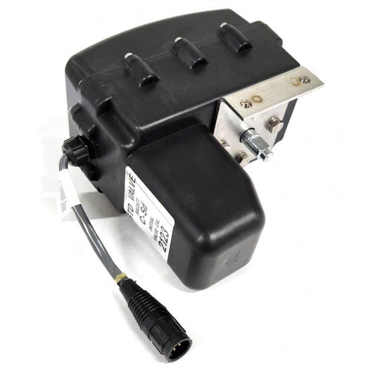 Black plastic industrial valve actuator with a metal mounting bracket and a wired connector cable on a white background.