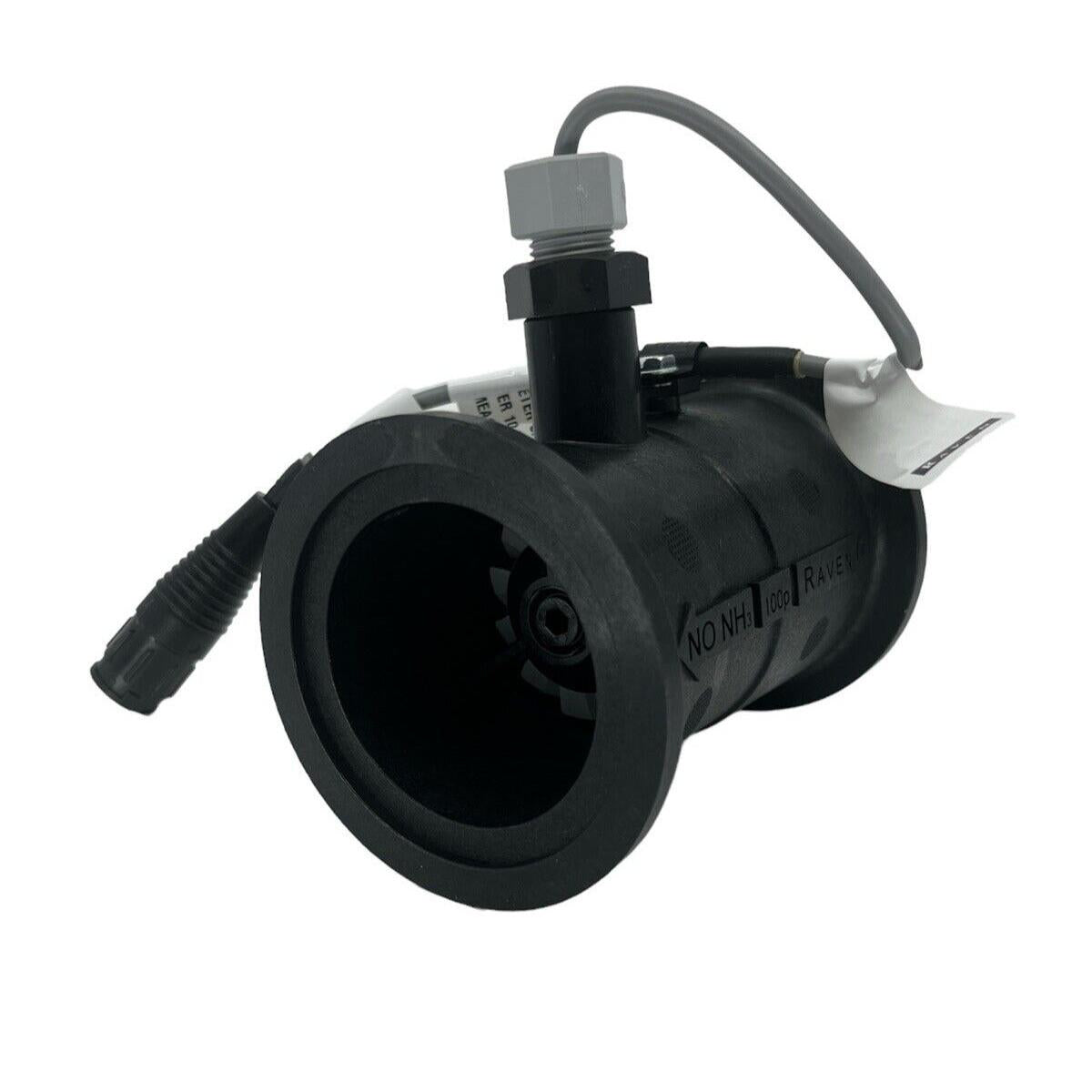 Black Raven flow meter sensor with a cylindrical housing, gray cable, and integrated electronic connector.