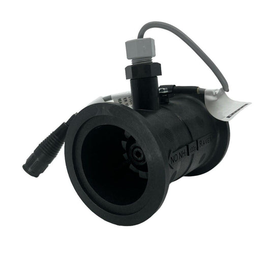 Black Raven flow meter sensor with a cylindrical housing, gray cable, and integrated electronic connector.