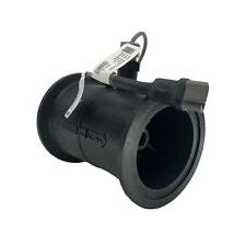 Black cylindrical automotive mass air flow sensor with an attached electrical connector and identification tag.