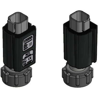 Raven 063-0173-674 black plastic nozzle control valve with a square connector and threaded cap for agricultural sprayers.