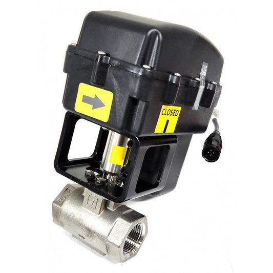 Black electric actuator mounted on a stainless steel ball valve with yellow directional and closed status labels.