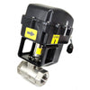 Black electric actuator mounted on a stainless steel ball valve with yellow directional and closed status labels.