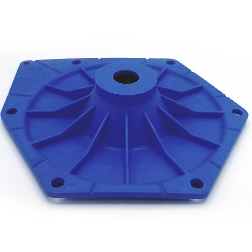 Blue molded plastic mounting plate with a central circular hub and reinforced radial ribs for structural support.