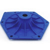 Blue molded plastic mounting plate with a central circular hub and reinforced radial ribs for structural support.