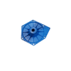Blue molded plastic pump housing with a central hub, reinforced ribs, and six mounting holes on a white background.