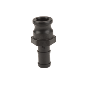 Black 3/4 inch polypropylene camlock adapter with a barbed hose end and threaded hex nut base.
