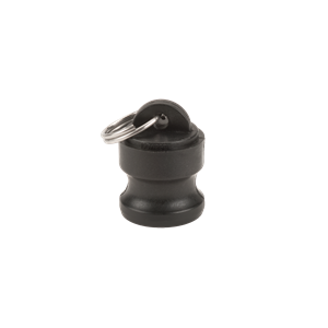 Black plastic camlock dust plug with a metal pull ring for secure hose and pipe sealing.