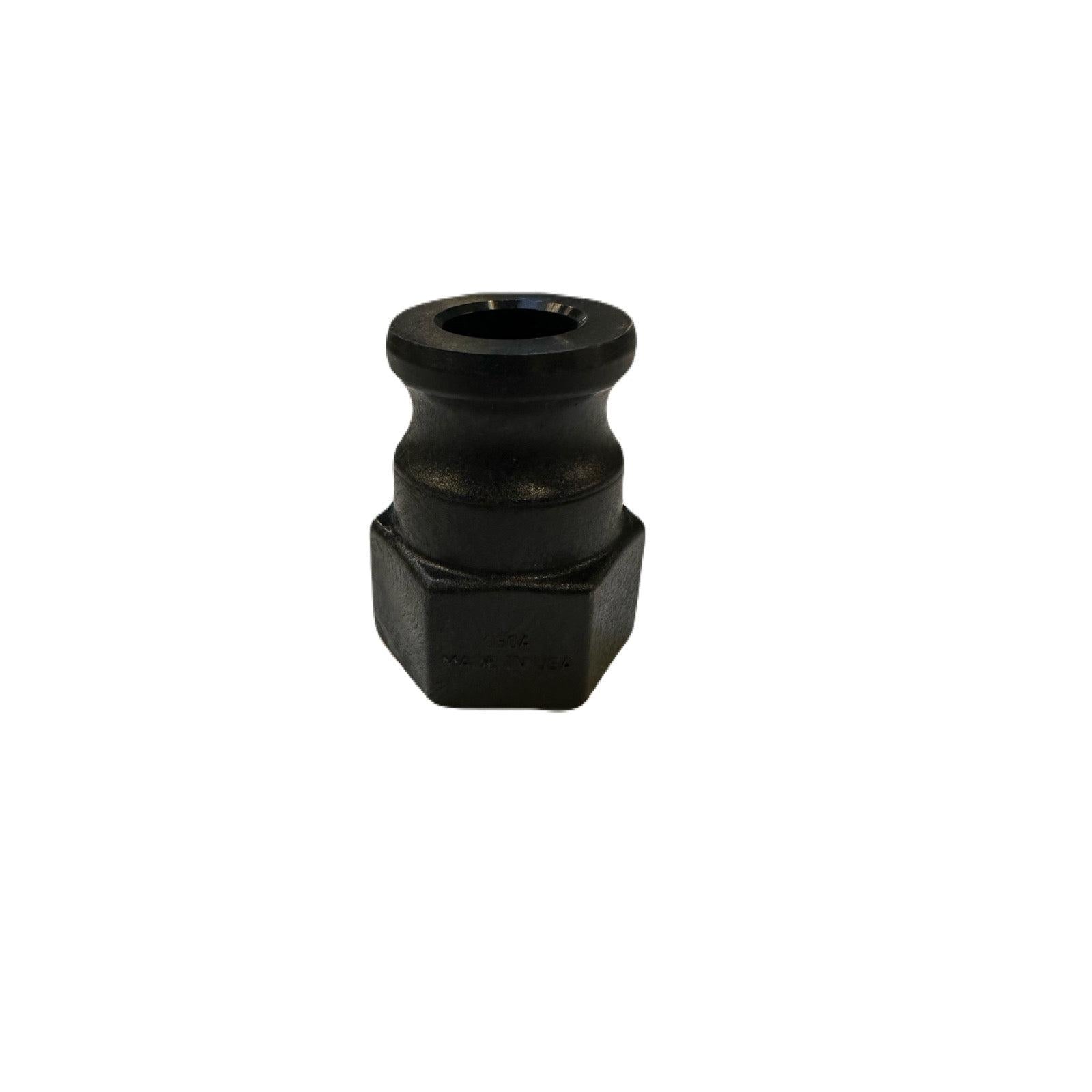 Black 100A camlock adapter with a threaded hexagonal base, made from durable industrial-grade metal.