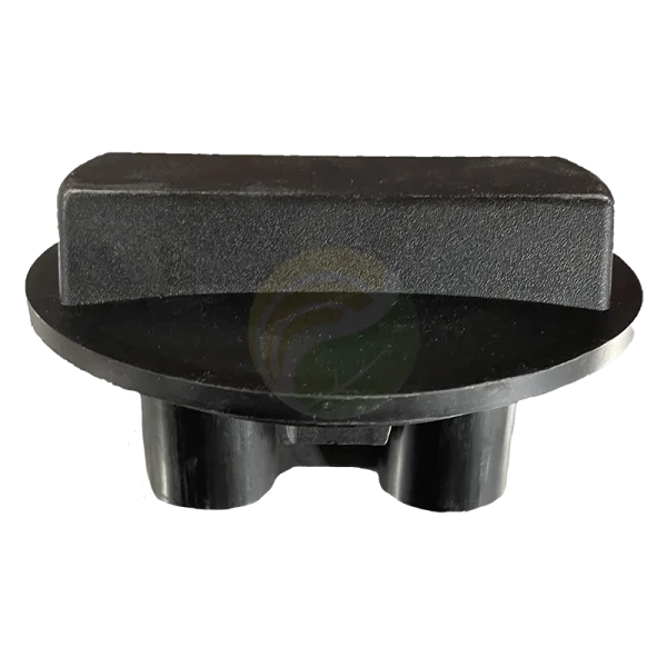 Black plastic circular cap with a rectangular top handle and two bottom mounting pegs.