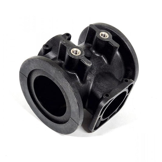 Black molded plastic multi-port connector with threaded metal inserts and circular flange mounting points.