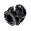 Black molded plastic multi-port connector with threaded metal inserts and circular flange mounting points.