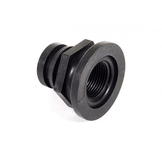 Black plastic threaded bulkhead fitting with a hexagonal flange for secure mounting.