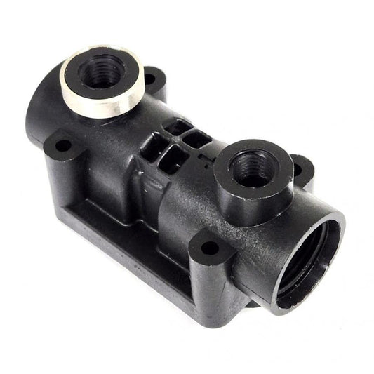 Black molded plastic hydraulic valve body with threaded ports and a silver metal ring insert on a white background.
