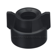 Black plastic spray tip retaining nut with side wings and 114445 engraving for industrial spray equipment.