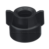 Black plastic spray tip retaining nut with side wings and 114445 engraving for industrial spray equipment.