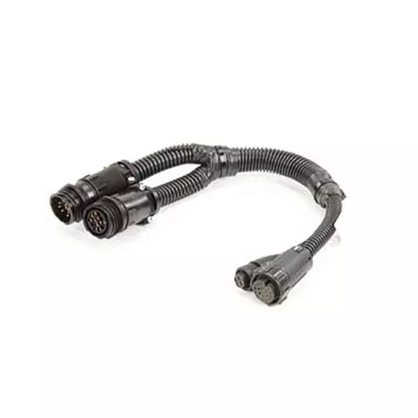Black Y-shaped wiring harness with corrugated protective tubing and three multi-pin circular electrical connectors.