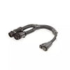 Black Y-shaped wiring harness with corrugated protective tubing and three multi-pin circular electrical connectors.
