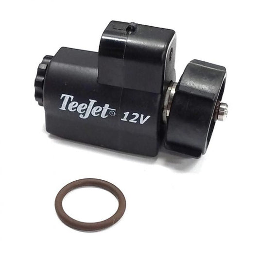 TeeJet 12V black solenoid valve with a circular brown rubber O-ring seal on a white background.
