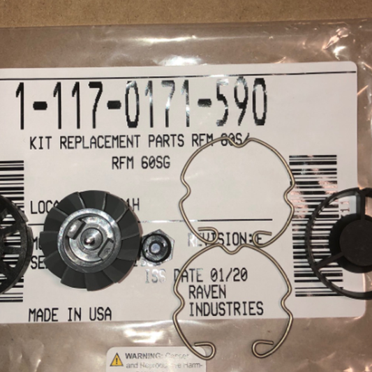 Raven Industries 117-0171-590 replacement parts kit featuring a gray turbine, metal clips, and black plastic components.