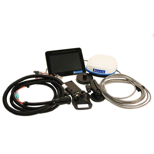 Raven 117-2295-001 GPS guidance kit including a display monitor, white dome antenna, mounting hardware, and wiring harness.