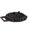 Black circular plastic component with a ribbed structural design and an integrated side handle.