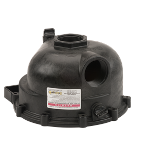 Black plastic centrifugal pump housing with threaded ports and a prominent warning label on a white background.