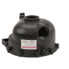 Black plastic centrifugal pump housing with threaded ports and a prominent warning label on a white background.