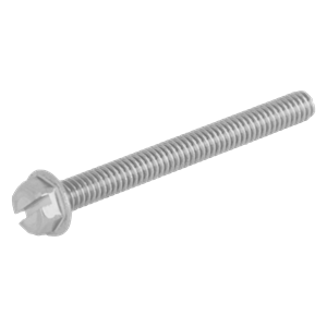 Long silver metal machine screw with a slotted hex head and fully threaded shank.