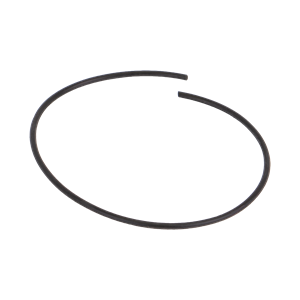 Thin black circular rubber O-ring gasket with a small gap, isolated on a white background.