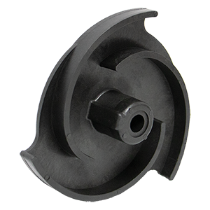 Black plastic pump impeller with a three-vane design and a central mounting hub for fluid circulation systems.