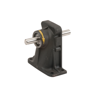 Black cast iron pillow block bearing assembly with a horizontal steel shaft and mounting base.
