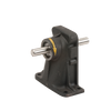 Black cast iron pillow block bearing assembly with a horizontal steel shaft and mounting base.