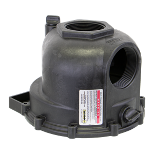 Black plastic centrifugal pump housing with threaded ports and a warning label for 13712 (B) model.