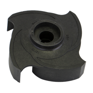 Black plastic pump impeller with a four-vane design and center shaft hole for pool or spa equipment maintenance.